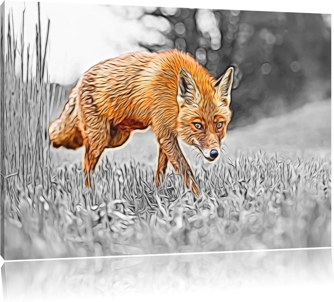 Fuchs im Wald Natur, USA Bild auf Leinwand, XXL riesige Bilder fertig gerahmt mit Keilrahmen. Kunstd