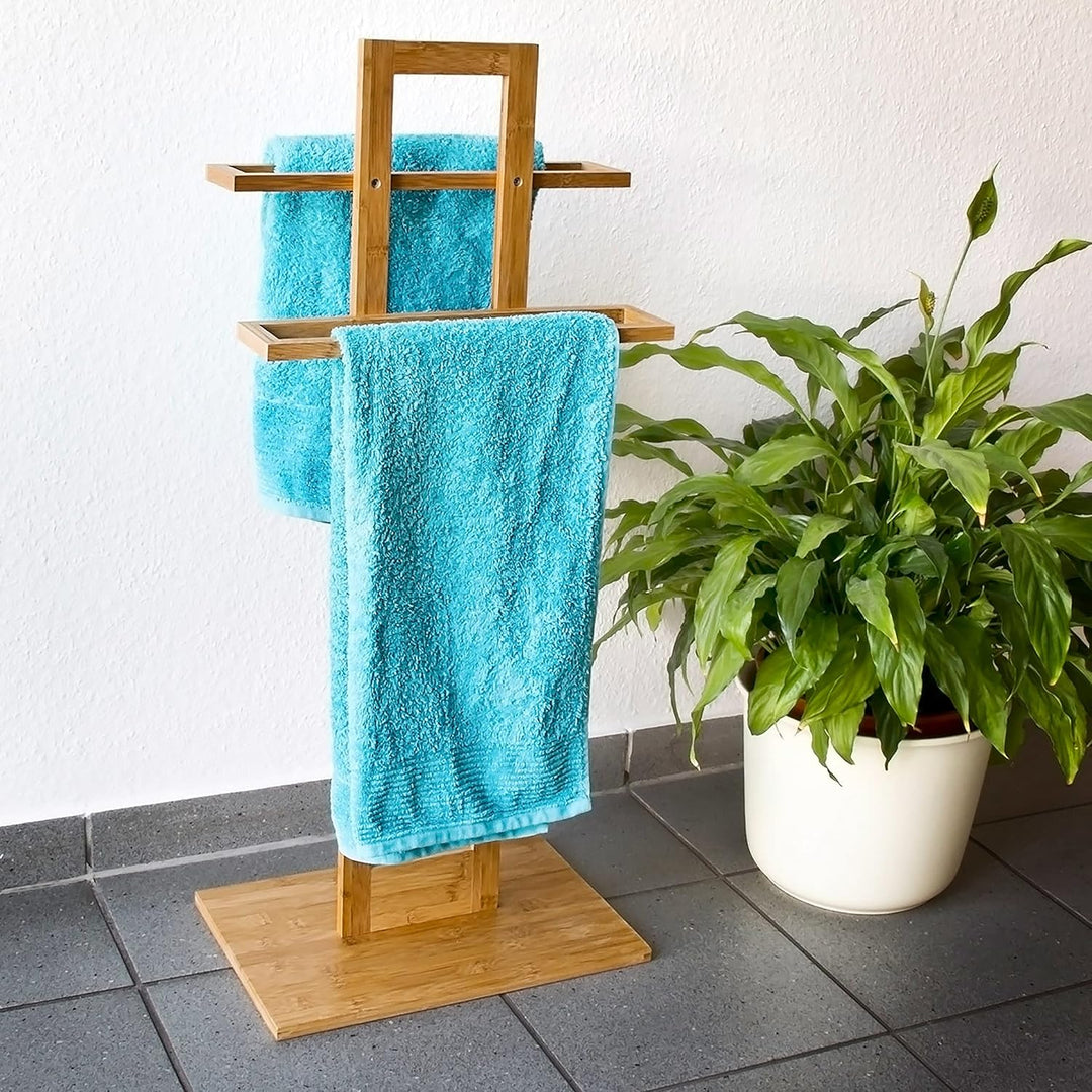 Relaxdays Handtuchständer Bambus mit 2 Handtuchstangen HBT 85 x 37 x 25 cm frei stehender Handtuchha