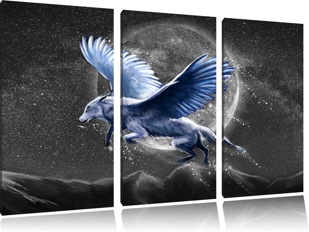 Pixxprint Wolf mit Flügeln als Leinwandbild | Grösse: 3 Teilig (120x80) | Wandbild| Kunstdruck | fer