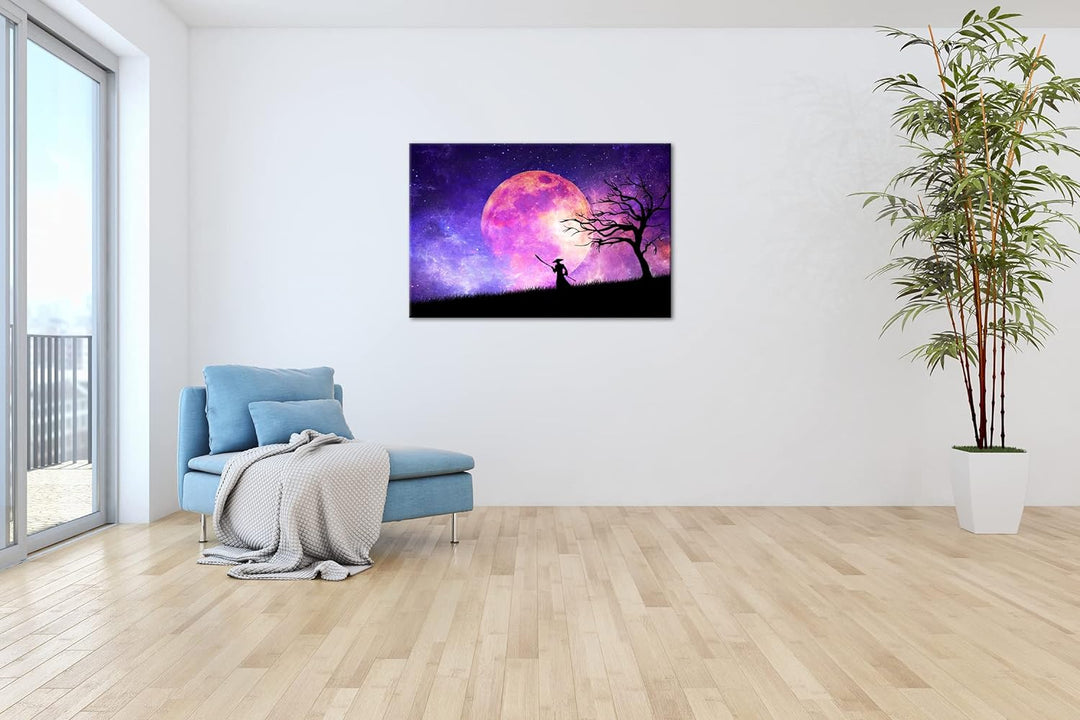 deyoli Samurai im Mondschein Format: 80x60 als Leinwandbild, Motiv fertig gerahmt auf Echtholzrahmen