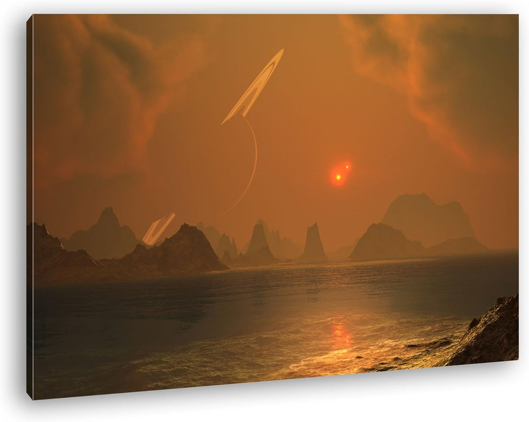 deyoli chaotische Landschaft mit Saturn am Himmel Format: 80x60 als Leinwandbild, Motiv fertig gerah