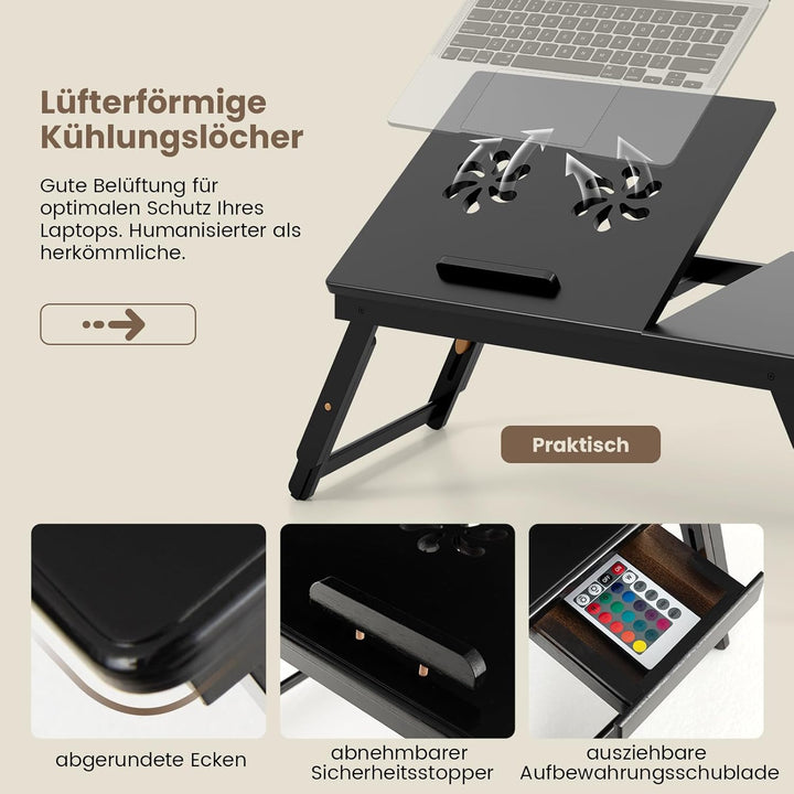 COSTWAY Bambus Laptoptisch klappbar, Notebooktisch höhenverstellbar & neigbar & belüftet, Lapdesk mi