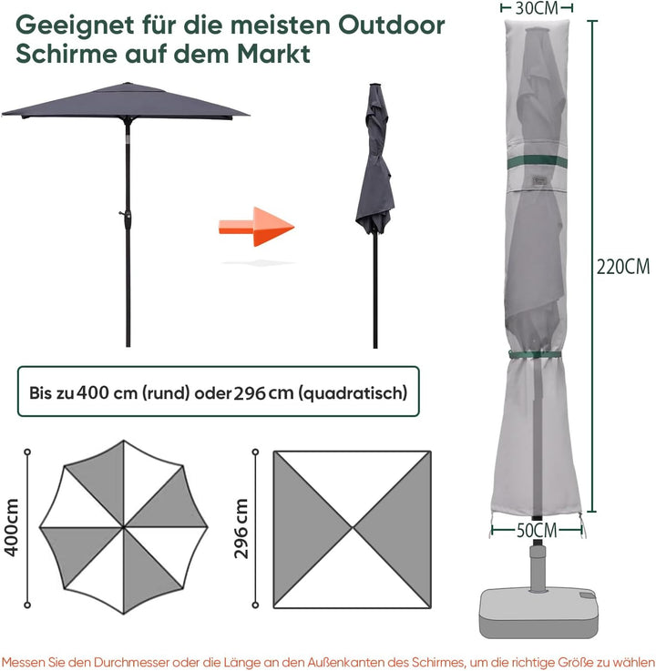 Sekey Sonnenschirm Schutzhülle mit Stab, Abdeckhauben für Ø 350cm / 200x300cm Gartenschirm mit Belüf