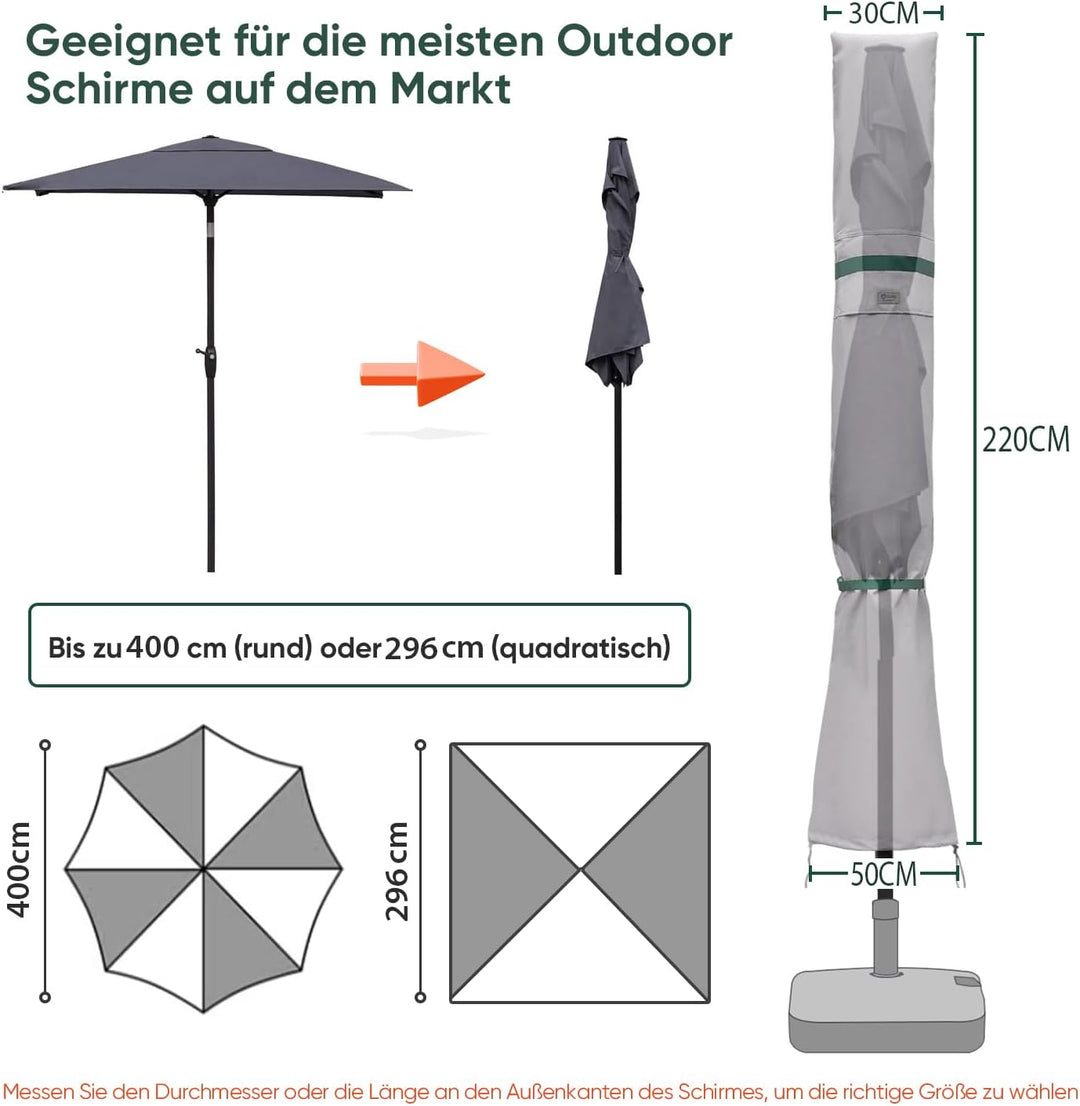 Sekey Sonnenschirm Schutzhülle mit Stab, Abdeckhauben für Ø 350cm / 200x300cm Gartenschirm mit Belüf