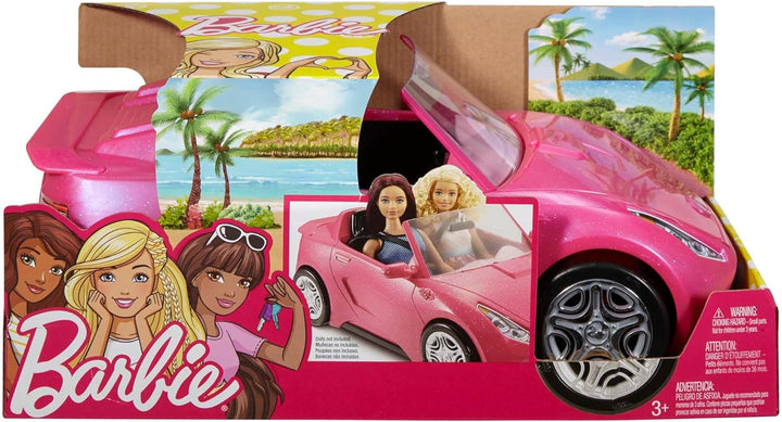Barbie-Puppe und Auto, Barbie-Auto in glänzendem Pink, Cabrio-Auto mit schwarzem Innenraum, Sicherhe