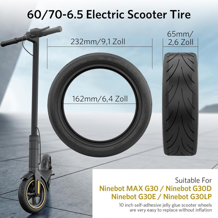 OUXI 10 Zoll Tubeless-Ersatzräder für Ninebot G30 Max /G30D 60/70-6.5 Tubeless-Gummireifen, 60/70-6,
