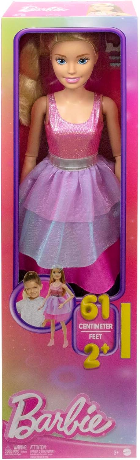 BARBIE Extragrosse Puppe (71 cm) - Pinkes Kleid, Blonde Haare mit Haarspange und Kette, Geschenk für