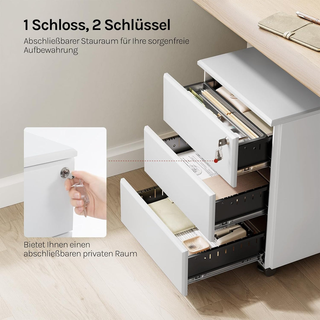 WOLTU Rollcontainer Metall, Mobiler Aktenschrank Büroschrank mit 3 Schubladen Bürocontainer, abschli