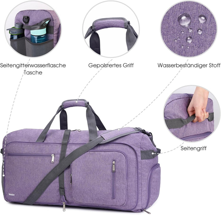 WANDF Reisetasche 85L mit Schuhfach Faltbare Weekender-Reisetasche Handgepäck für Männer Frauen (Lil