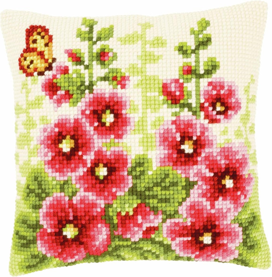 Vervaco Stockrosen Kreuzstichkissen/Stickkissen vorgedruckt, Baumwolle, Mehrfarbig, 40 x 40 x 0.3 cm