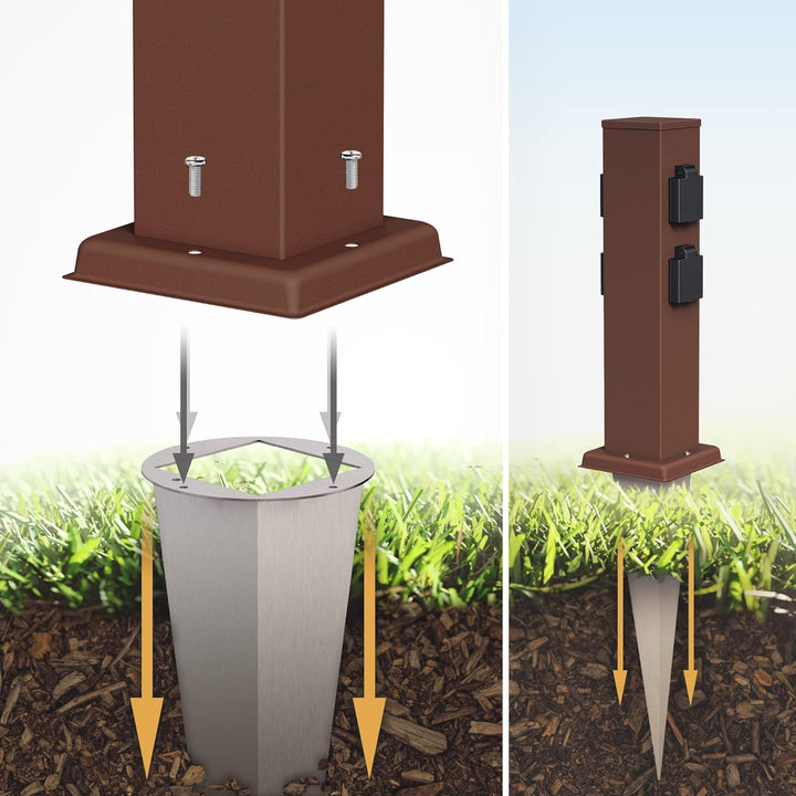 ledscom.de Garten-Steckdosen-Säule Polly mit Erdspiess und 2m Kabel für aussen, IP44, 4-Fach, braun,