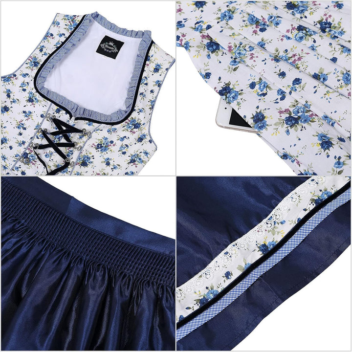 KOJOOIN Trachtenkleid Damen Dirndl Kurz Midi 3tlg. für Oktoberfest-DREI Teilig: Kleid, Bluse, Schürz