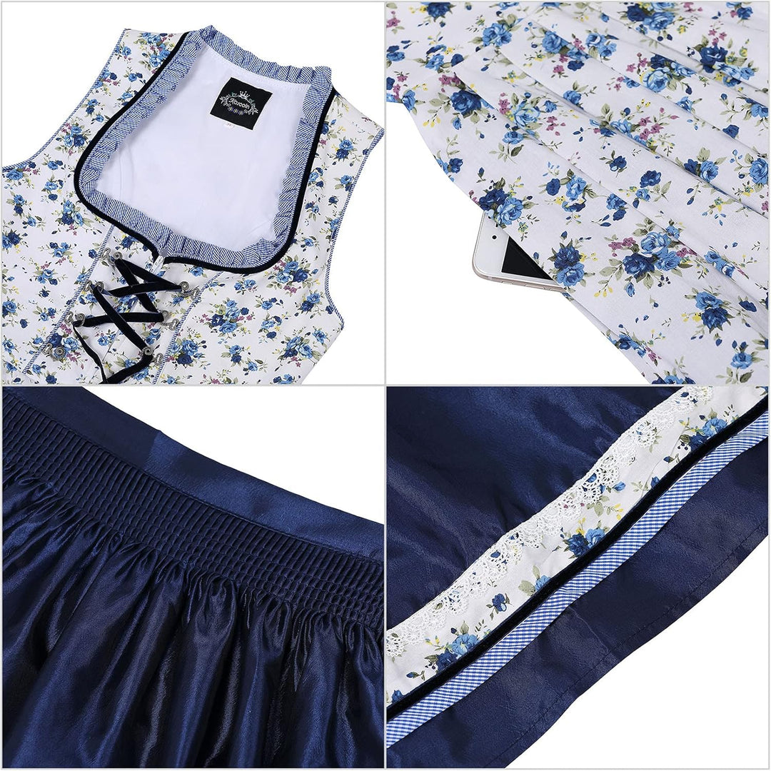 KOJOOIN Trachtenkleid Damen Dirndl Kurz Midi 3tlg. für Oktoberfest-DREI Teilig: Kleid, Bluse, Schürz