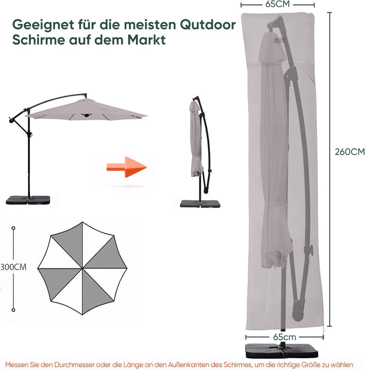 Sekey® Schutzhülle für Ampelschirm,Abdeckhauben für Sonnenschirm, Reissfest, Grau Grau 260 x 65cm