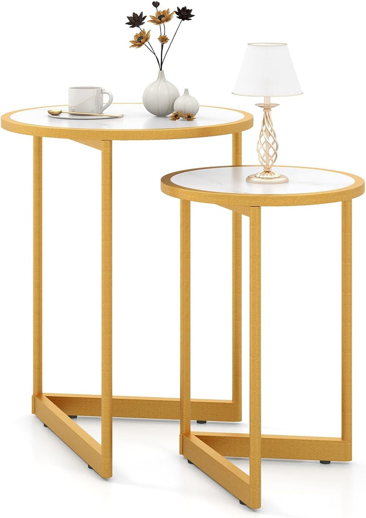 COSTWAY 2er Set Couchtisch mit Marmoroptik, Beistelltisch Holz mit goldfarbenem Metallbeinen, Kaffee