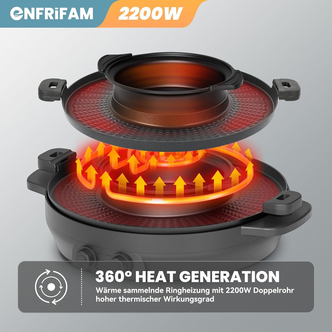 ENFRIFAM 2200W 2 in 1 Multifunktions Elektro Hot Pot und Grill Combo, rauchfreier Split Shabu Shabu