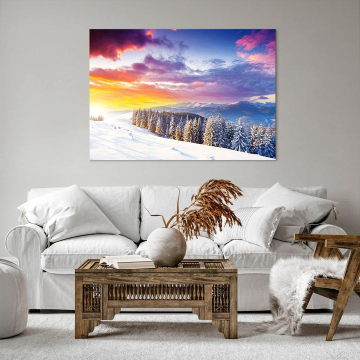 Bilder auf Leinwand 100x70cm Leinwandbild mit Rahmen Berge Schnee Winter Gross Wanddeko Bild Schlafz