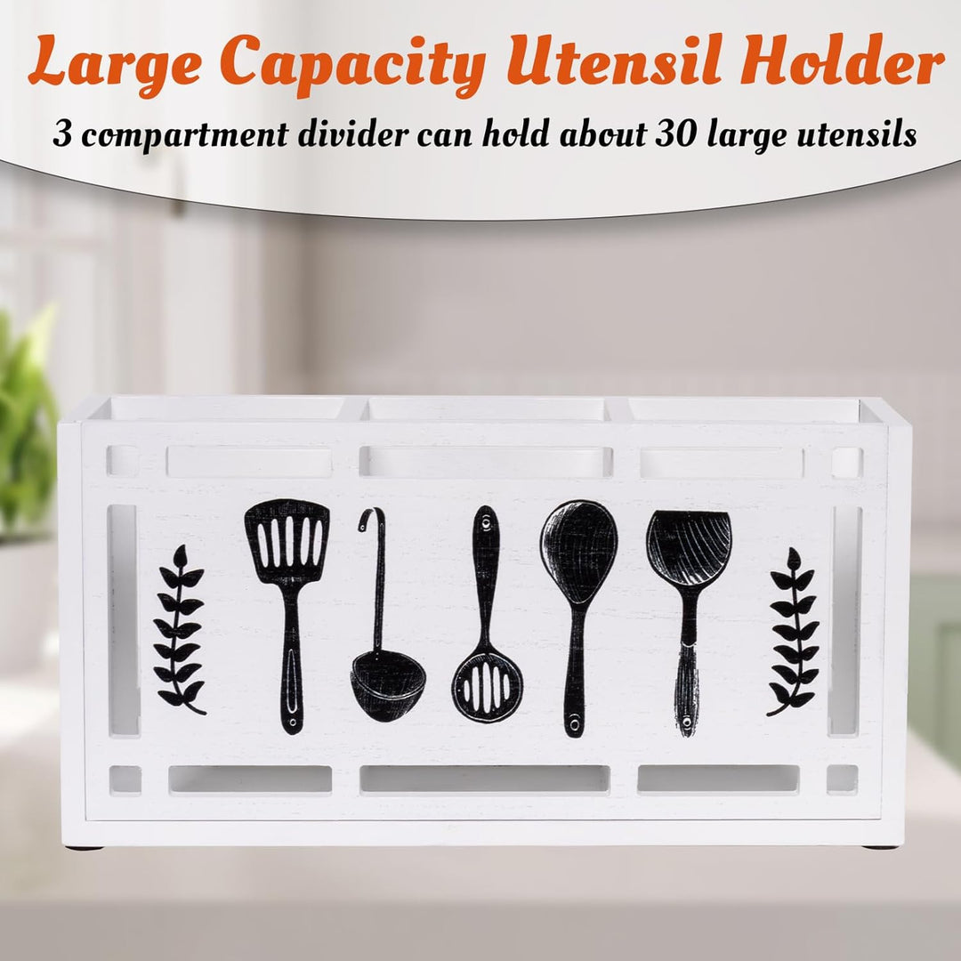 Karisky Utensil Holder for Kitchen Counter, Large 3 Compartments Solid Real Wood Utensil Caddy Organ