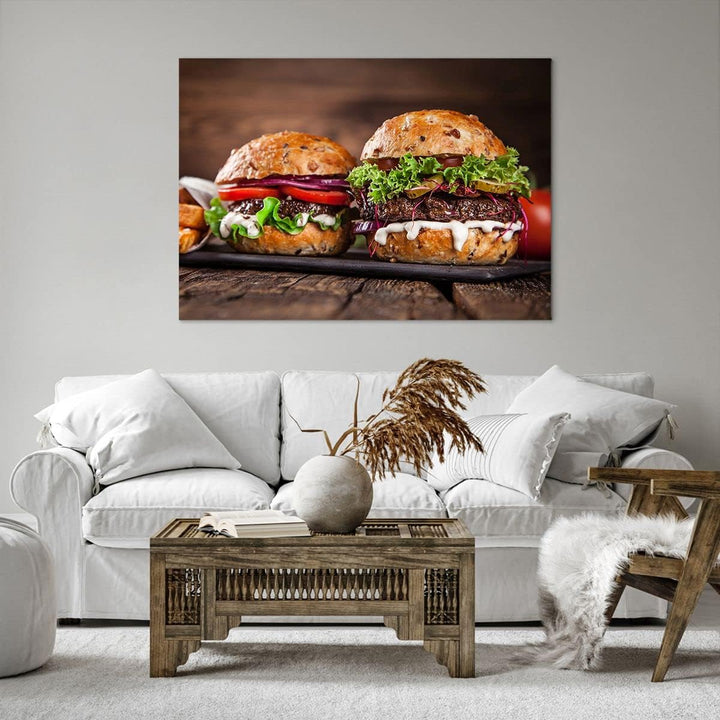 Bilder auf Leinwand 100x70cm Leinwandbild Amerikaner Hamburger Essen Barbecue Gross Wanddeko Bild Sc