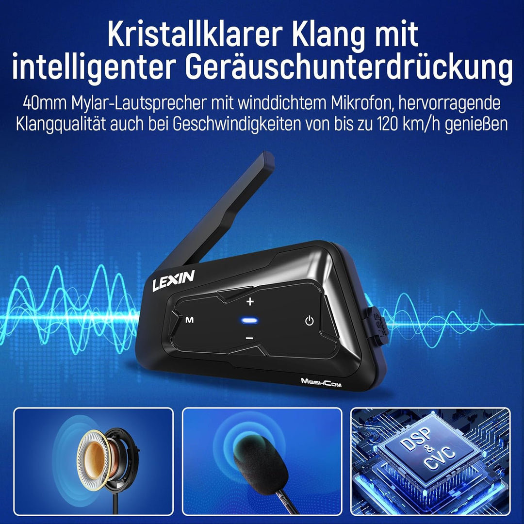 LEXIN MeshCom Mesh 3.0 Helm Intercom, Motorrad Headset Bluetooth 5.0, Motorradhelm Kommunikationssys