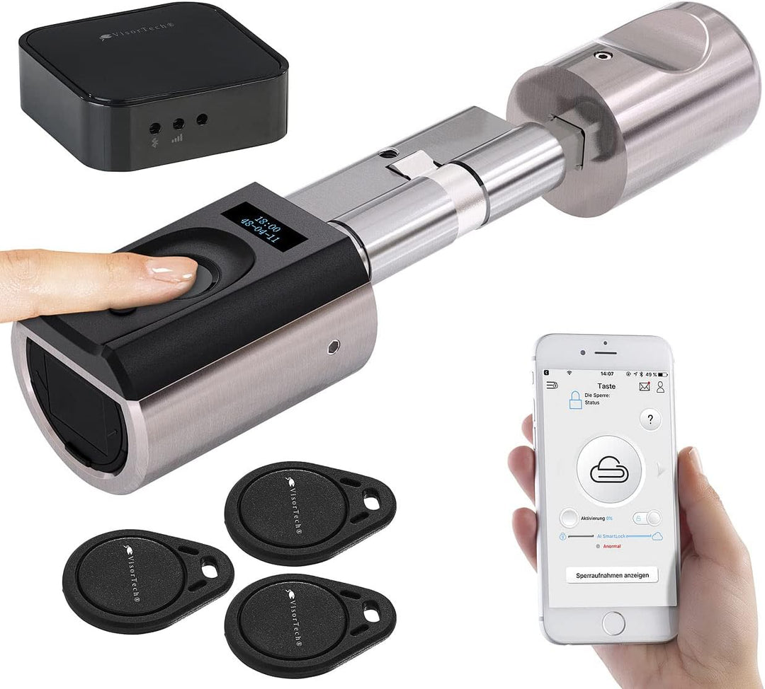VisorTech Elektronisches Schloss: Elektronischer Tür-Schliesszylinder mit WLAN-Gateway, Fingerscan,