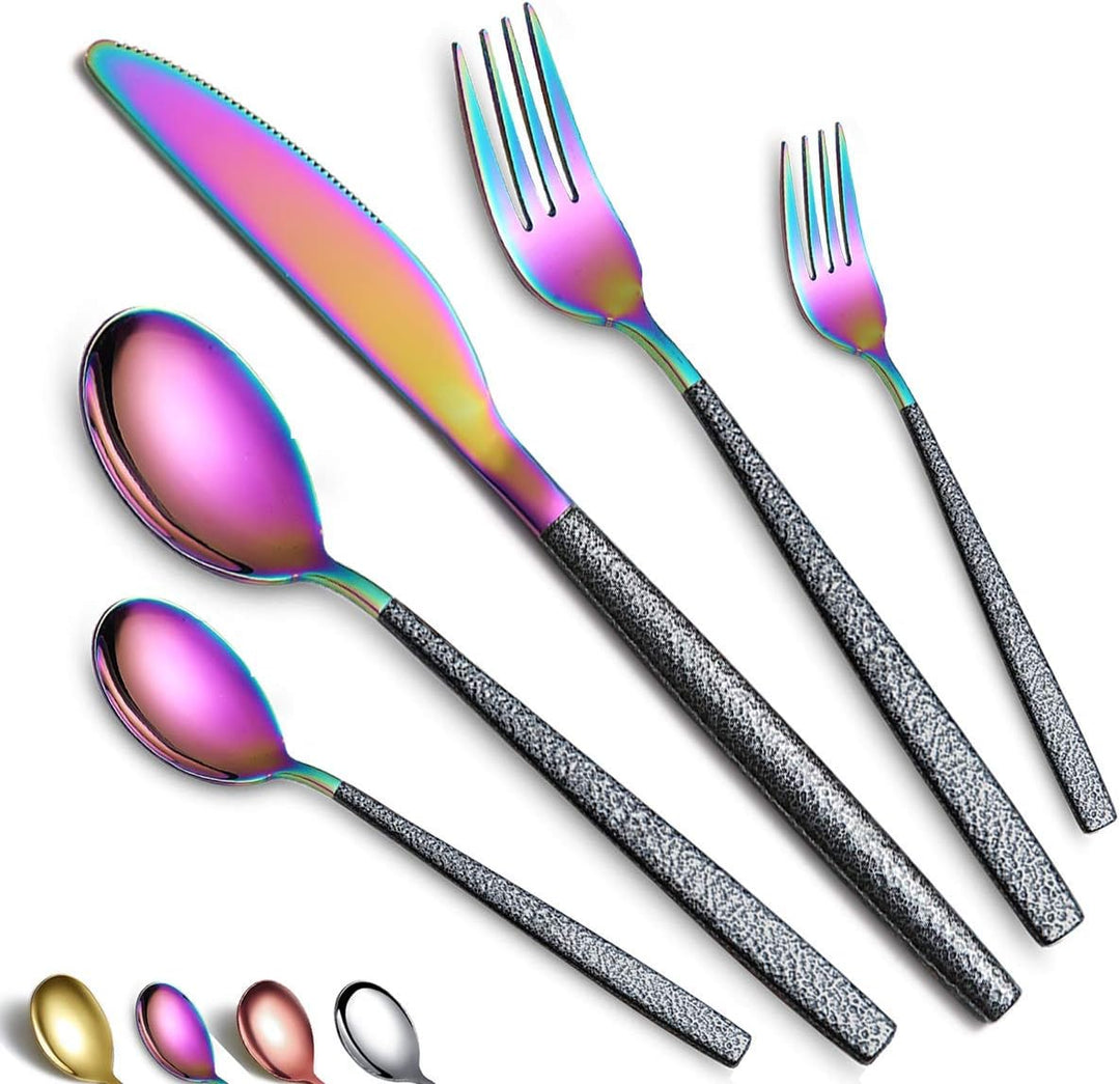 Besteckset 30 Stück Regenbogenkopfbeschichtung mit Schwarzem Marsgriff, Edelstahl Titan Buntes Besch