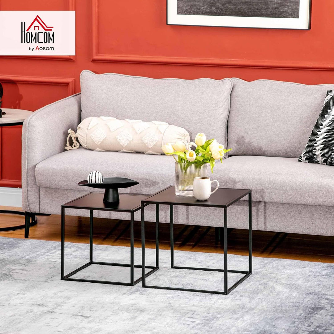 HOMCOM 2er-Set Couchtisch, Eckiger Beistelltisch, Kaffeetisch aus Stahlgestell, Sofatisch für Wohnzi