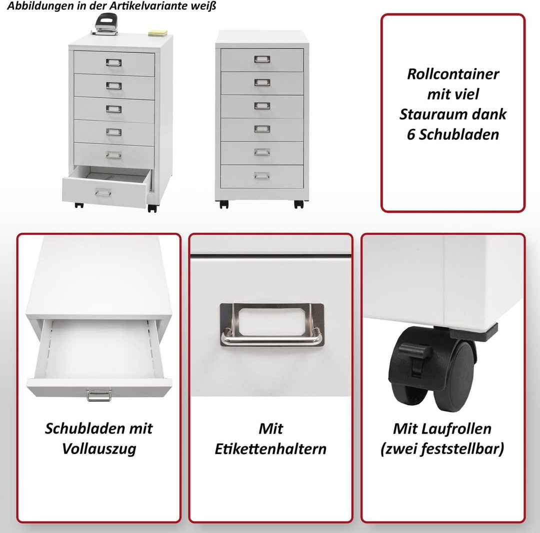 Mendler Rollcontainer HWC-L49, Schubladenschrank Stahlschrank Aktenschrank, Metall 75x40x41cm 6 Schu