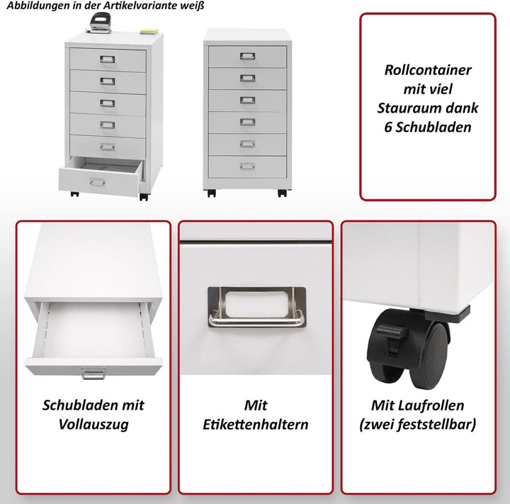 Mendler Rollcontainer HWC-L49, Schubladenschrank Stahlschrank Aktenschrank, Metall 75x40x41cm 6 Schu