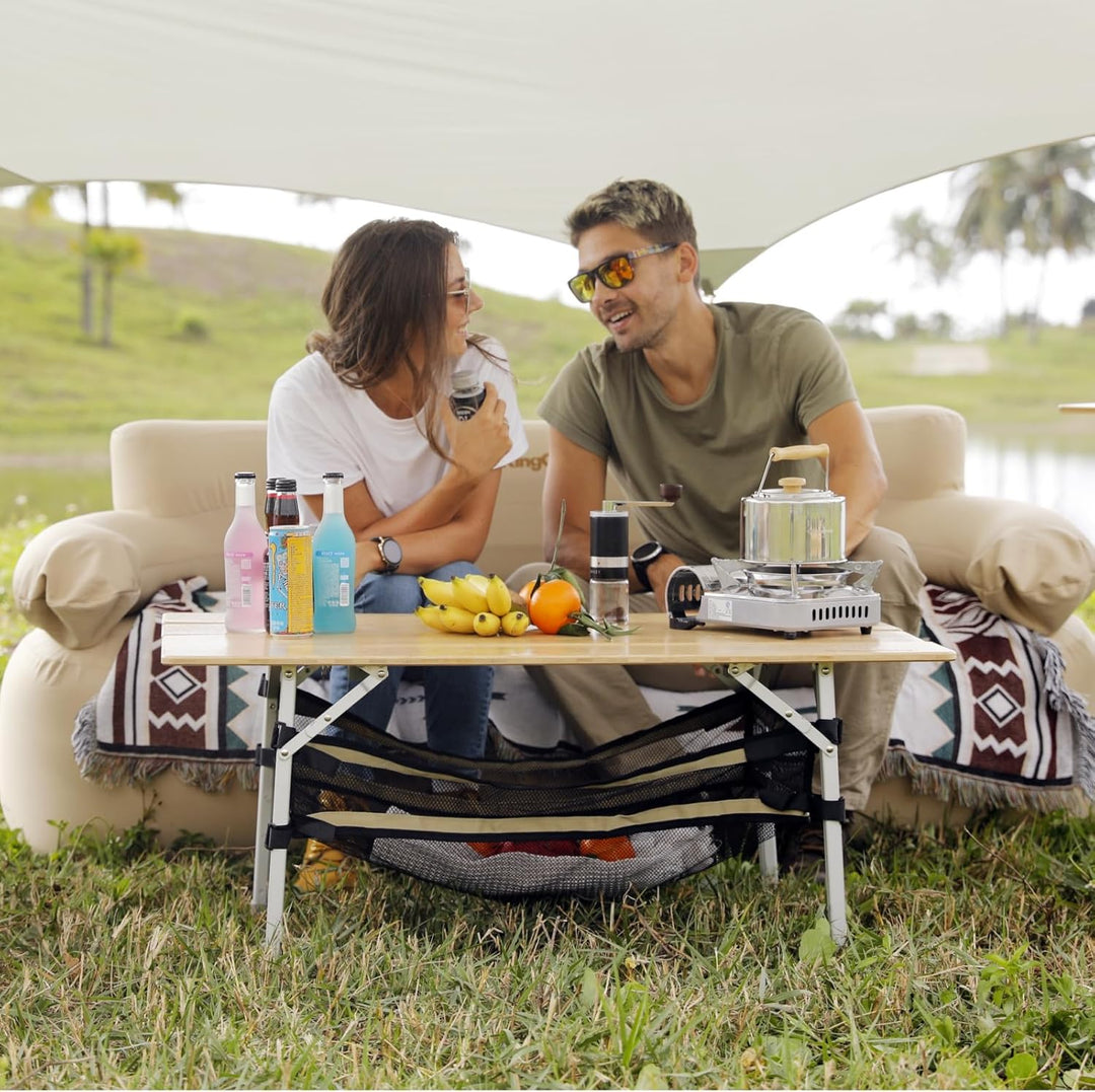 KingCamp Falten Bambus Campingtisch Klapptisch Verstellbare Höhe Aluminiumrahmen für Outdoor Camping