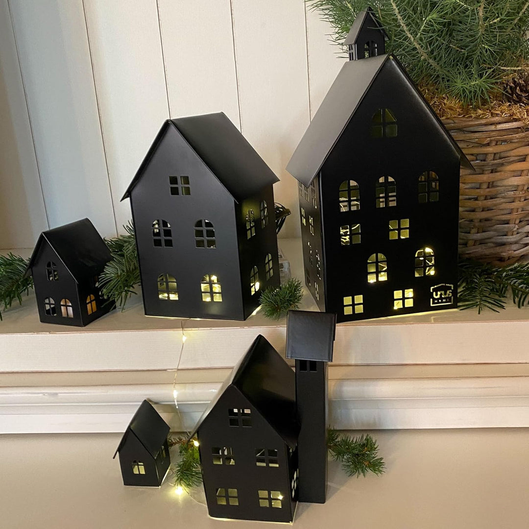 UNUS Deko Häuser 5er Set, Lichthäuser aus Metall, in Schwarz, Herbstdeko Outdoor, Weihnachtsdorf für