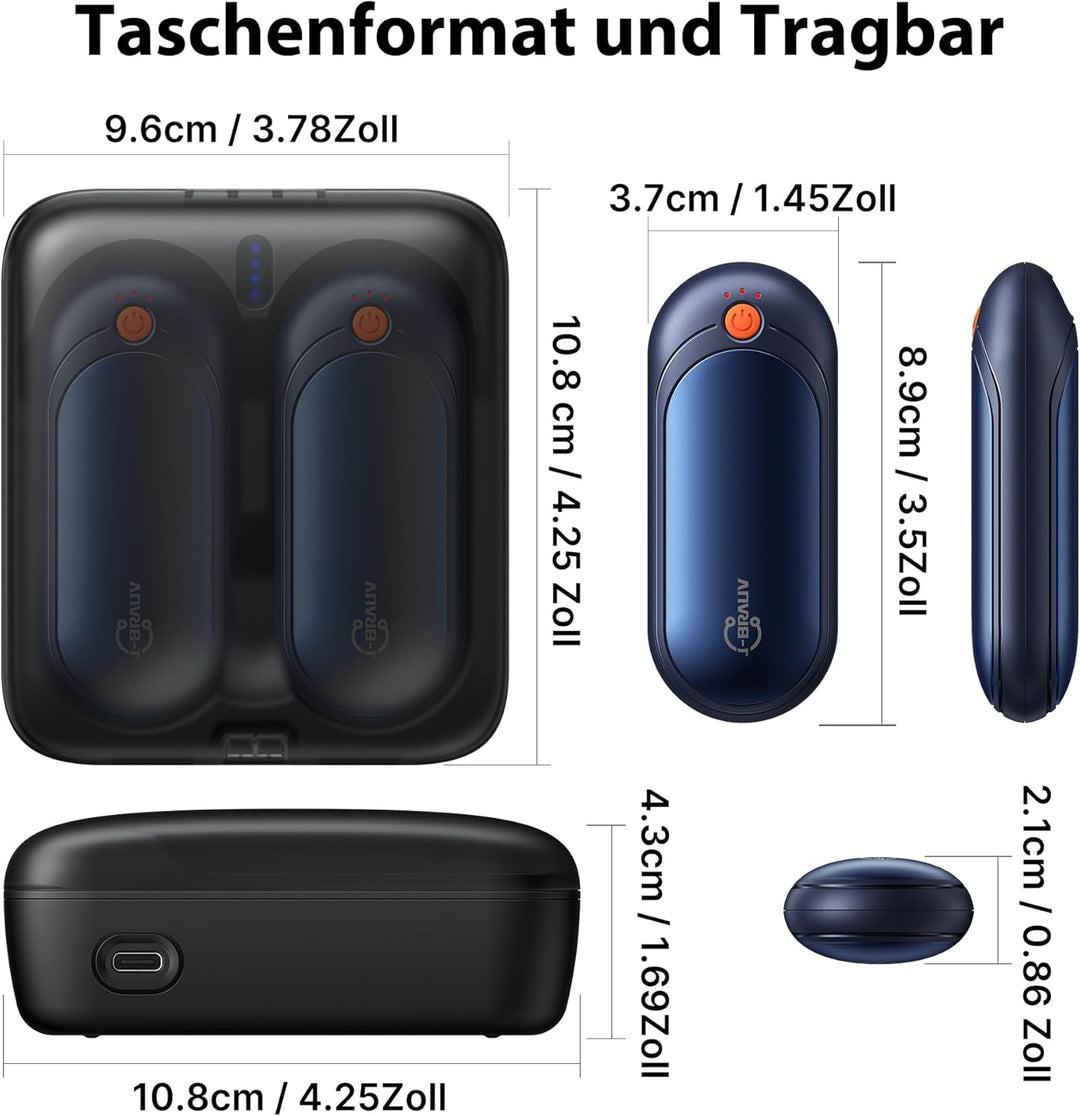J-BRAUV Handwärmer Elektrisch 2er Set, 4000mAh Taschenwärmer Wiederverwendbar Mit 10000mAh Ladebox,