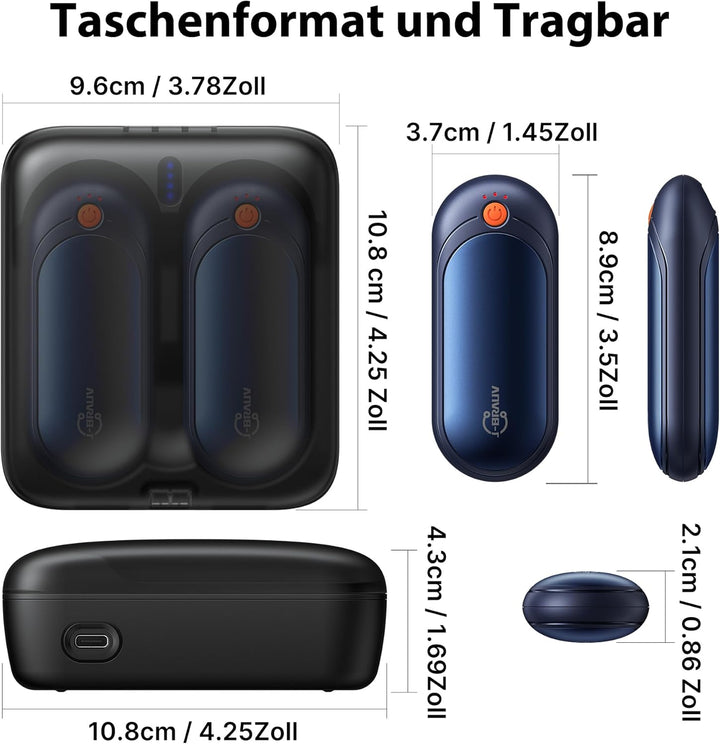 J-BRAUV Handwärmer Elektrisch 2er Set, 4000mAh Taschenwärmer Wiederverwendbar Mit 10000mAh Ladebox,
