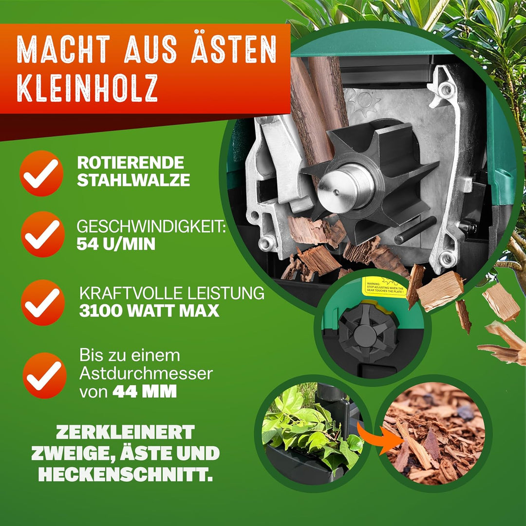 Gardebruk® Leisehäcksler 3100 W max. 44 mm Aststärke Elektrisch 2 x 60 L Auffangbeutel Gartenhäcksle