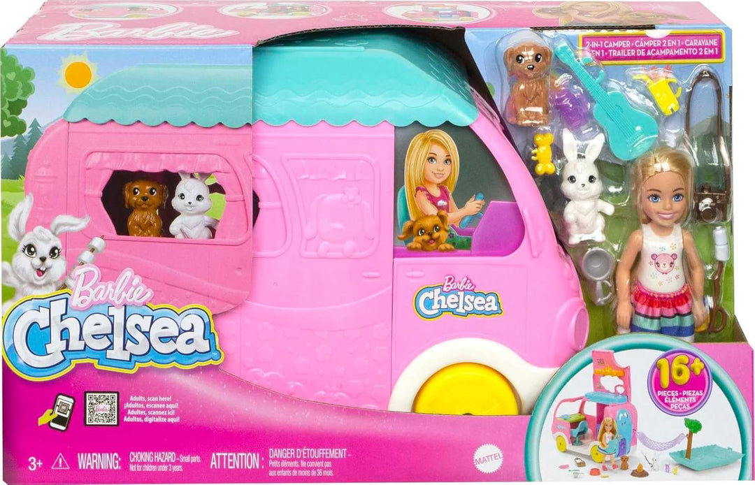 BARBIE Chelsea 2-in-1-Camper - Spielzeugfahrzeug mit Pool, Hängematte und Essbereich, für fantasievo