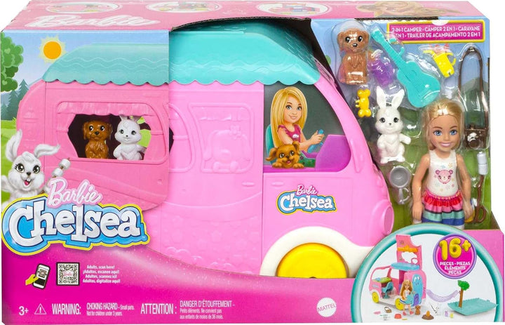 BARBIE Chelsea 2-in-1-Camper - Spielzeugfahrzeug mit Pool, Hängematte und Essbereich, für fantasievo