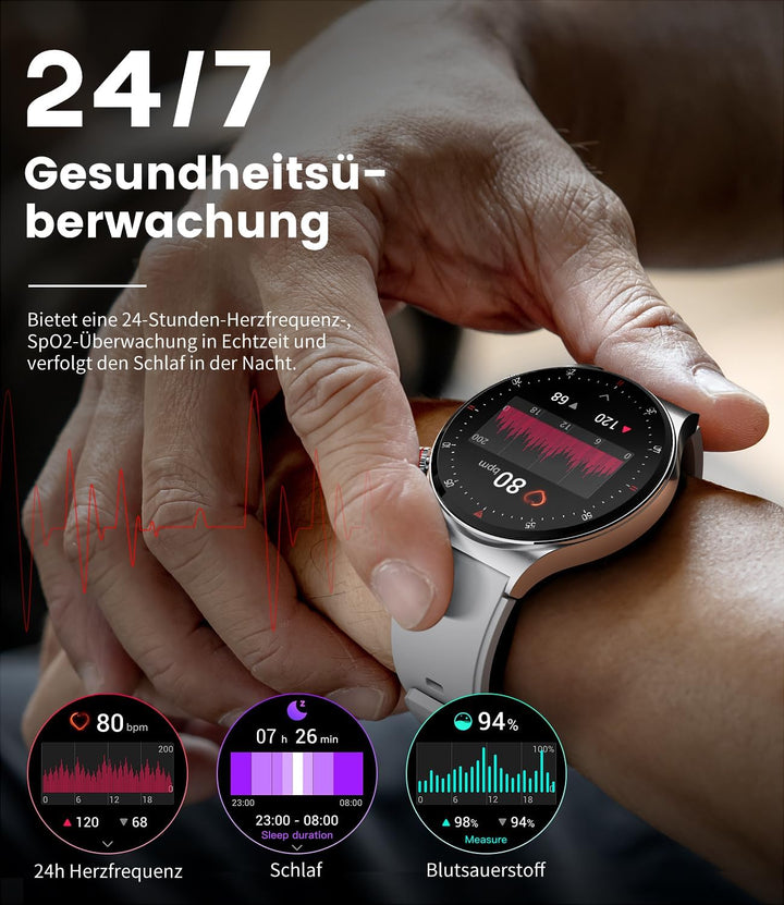 Smartwatch Herren mit Telefonfunktion,1,39 Zoll Smart Watch mit Herzfrequenz Schlafmonitor SpO2 Noti