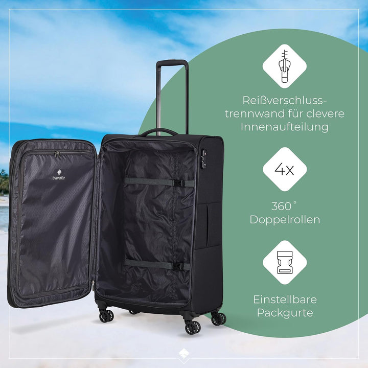 travelite 4-Rad Koffer Grösse L Weichschale, Gepäck Serie CHIOS mit Dehnfalte + Kantenschutz, Trolle
