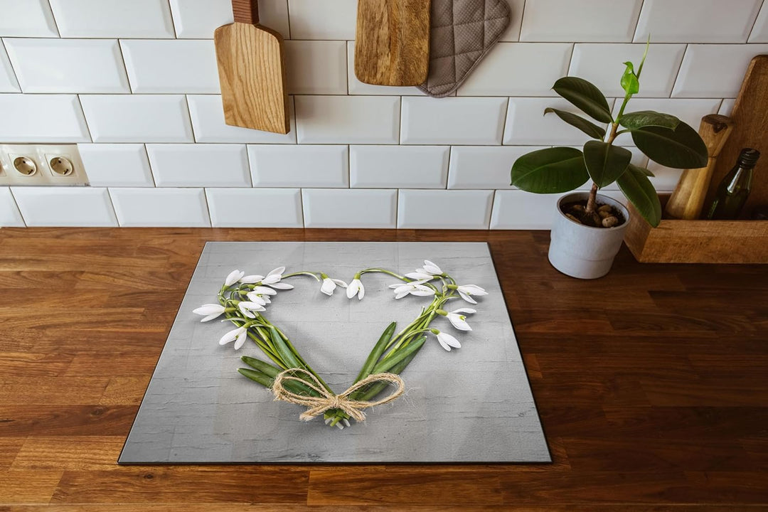 Herz aus Blumen Herdabdeckplatte & Spritzschutz aus Echtglas | Für Herd-Kochfelder | 60x52 cm