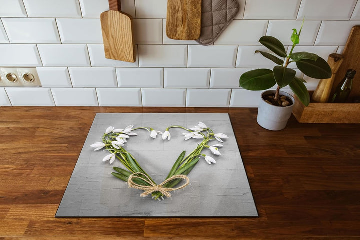 Herz aus Blumen Herdabdeckplatte & Spritzschutz aus Echtglas | Für Herd-Kochfelder | 60x52 cm