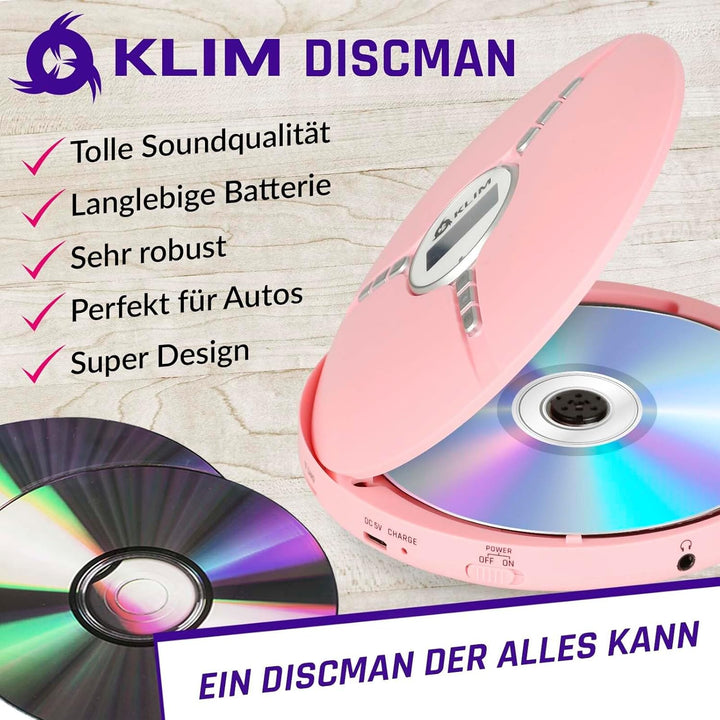 KLIM Discman - Tragbarer CD Player mit eingebautem Akku - NEU - inklusive KLIM Fusion Kopfhörer Komp