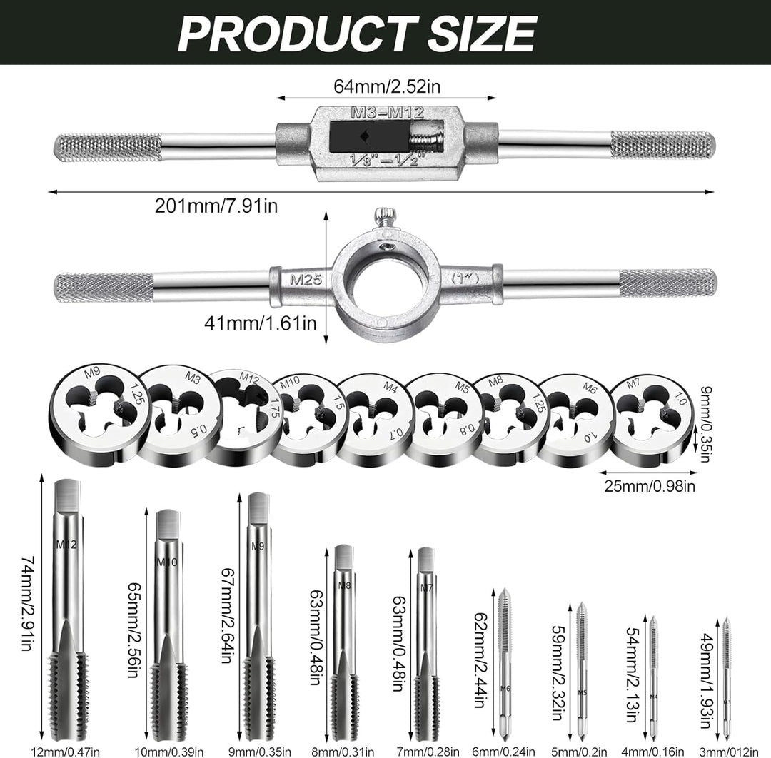 Gewindeschneider Gewindebohrer Werkzeug Set M3 - M12 Feingewindeschneider Tap and Die Set 20 Tlg Gew