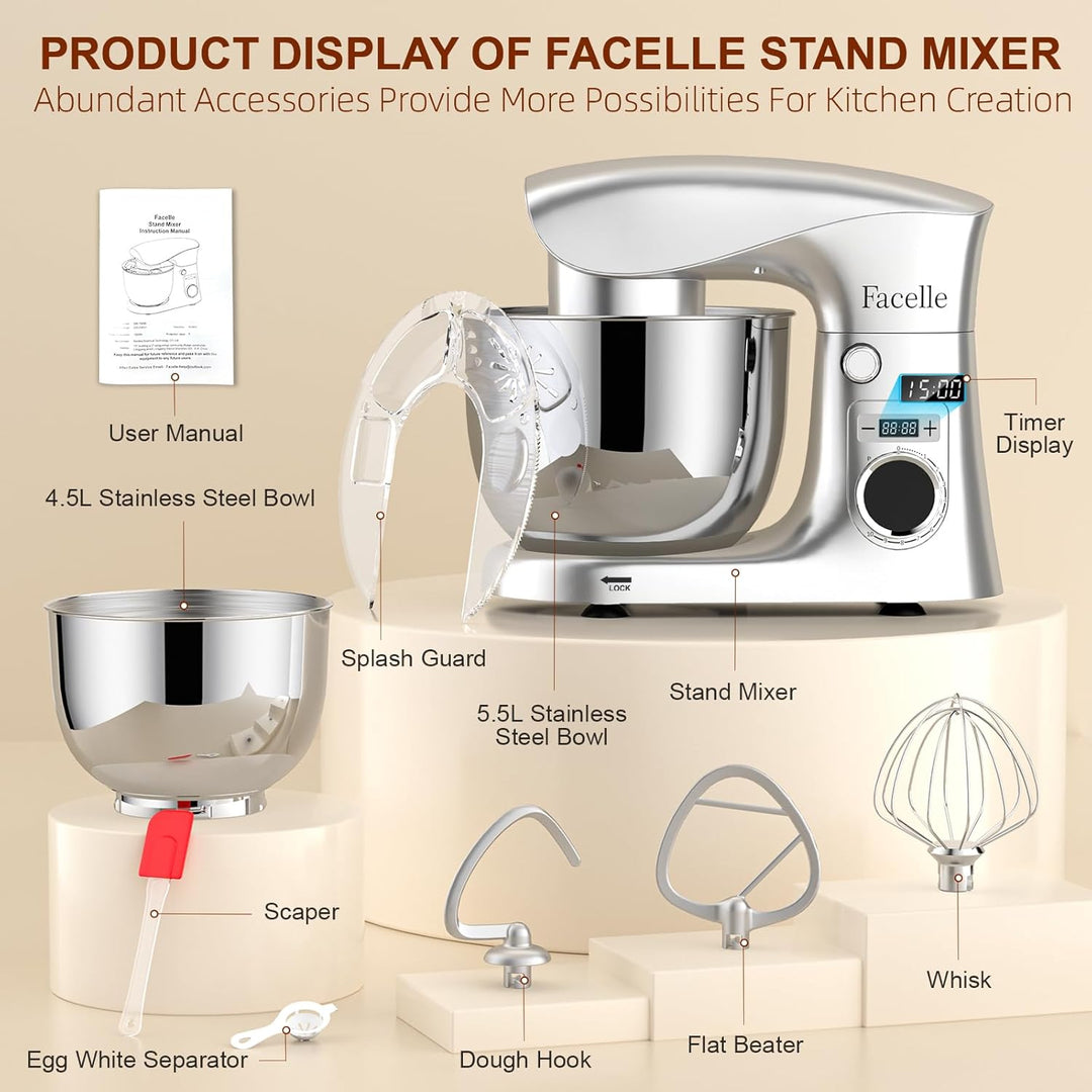 Küchenmaschine Knetmaschine 1500W | Facelle 5,5L &4,5L Teigmaschine Rührmaschine | Geräuscharm| 10+P