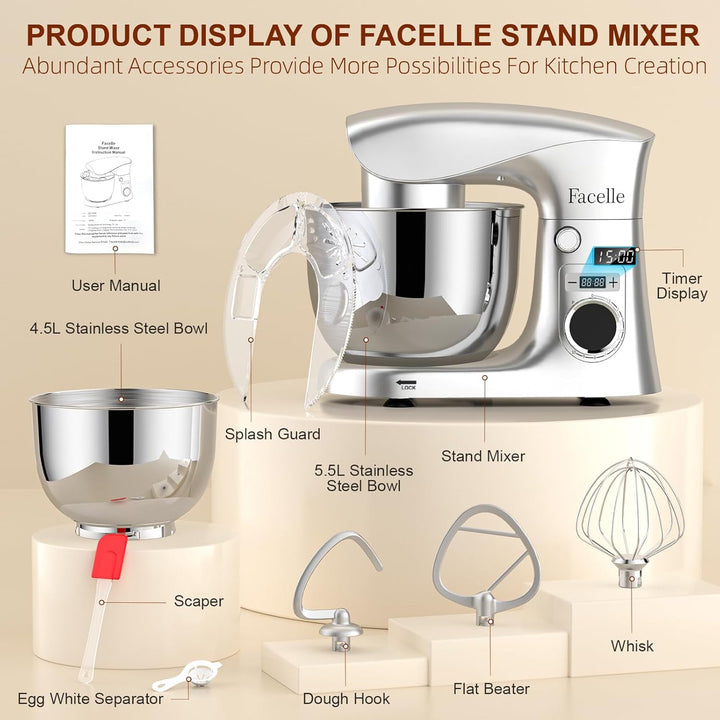 Küchenmaschine Knetmaschine 1500W | Facelle 5,5L &4,5L Teigmaschine Rührmaschine | Geräuscharm| 10+P