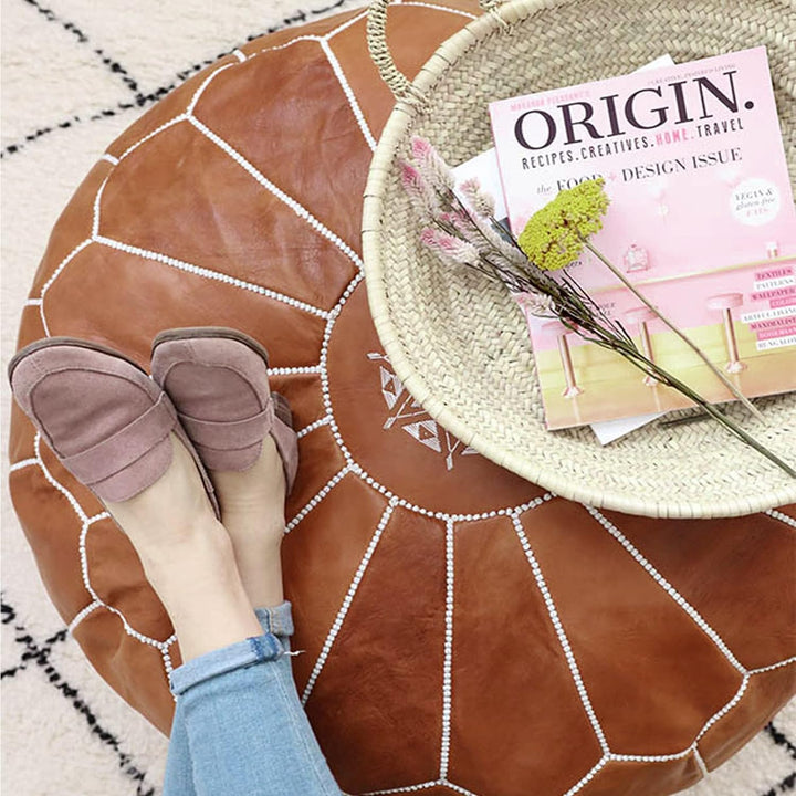 ALMADIH Leder Sitzkissen Pouf Camel braun ohne Füllung - Sitzsack Ottoman marokkanische Bodenkissen