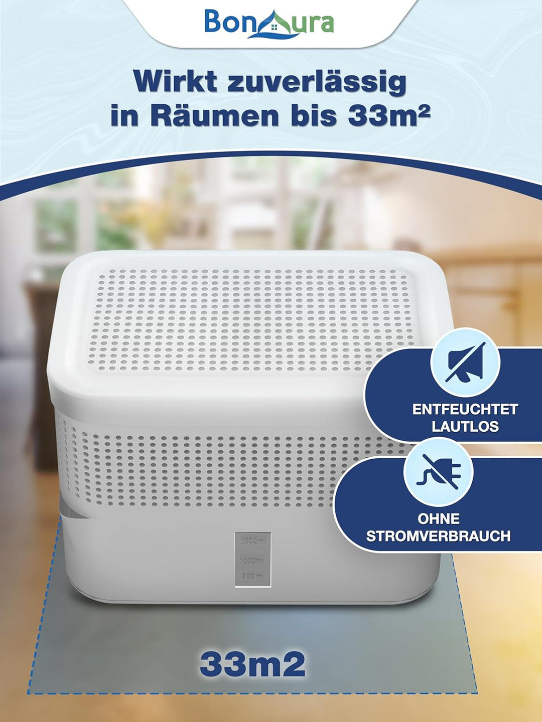 BonAura® AirOne Max Luftentfeuchter ohne Strom bis 33m² I 360° Belüftung I Raumentfeuchter mit Ausgi