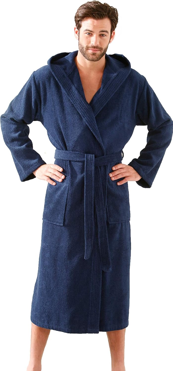 Morgenstern Bademantel Herren Kapuze Frottee 100% Baumwolle Lang Cadiz Salamanca L Marine, L Marine