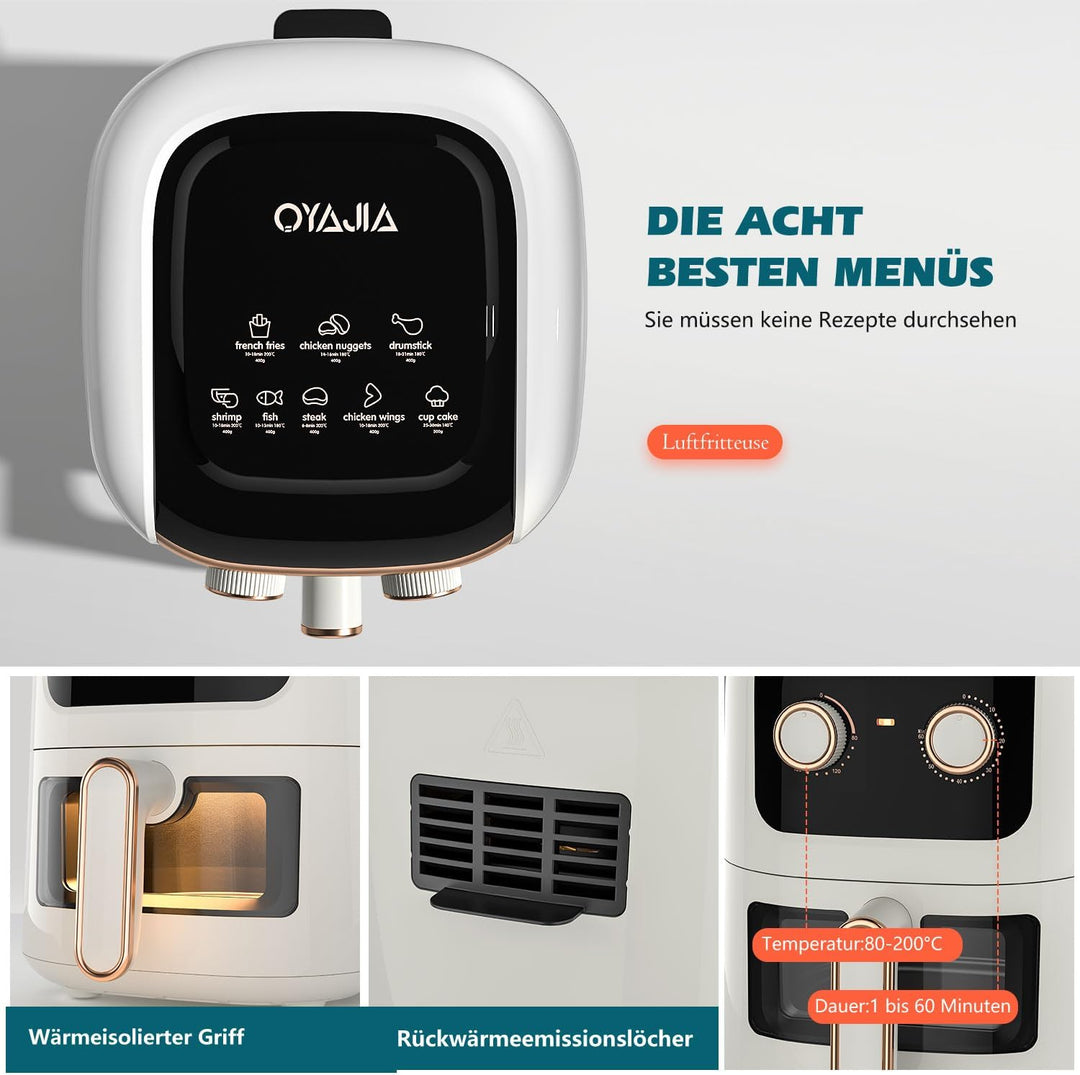 Oyajia 5L Heissluftfritteuse mit Sichtfenster, mit Manueller Drehtaste, Spülmaschinenfest, Gesundes