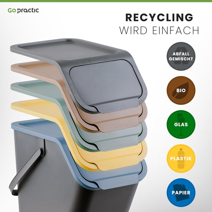 Go Practic 4-er Mülleimer-Set Küche Mülltrennsystem 4x Mülleimer 35l mit Deckel Stapelbar CLICK-Funk