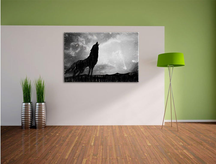 Pixxprint Wolf Heulen als Leinwandbild/Grösse: 100x70 cm/Wandbild/Kunstdruck/fertig bespannt, 100x70